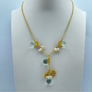 Stunning Claudia Lobão Gold Necklace with Aquamarine Glass & Pearl Charms